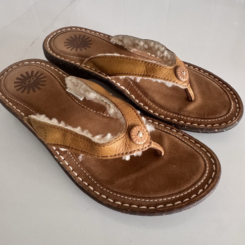 UGG Australia Tasmina Thong Sandals Women Size 6 Chestnut Leather Shearling Boho